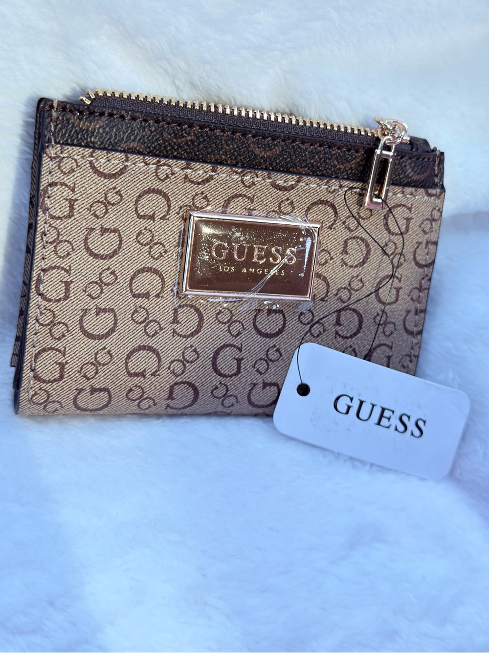 GUESS Brown Logo Print Zip Card Wallet with Gold Plaque